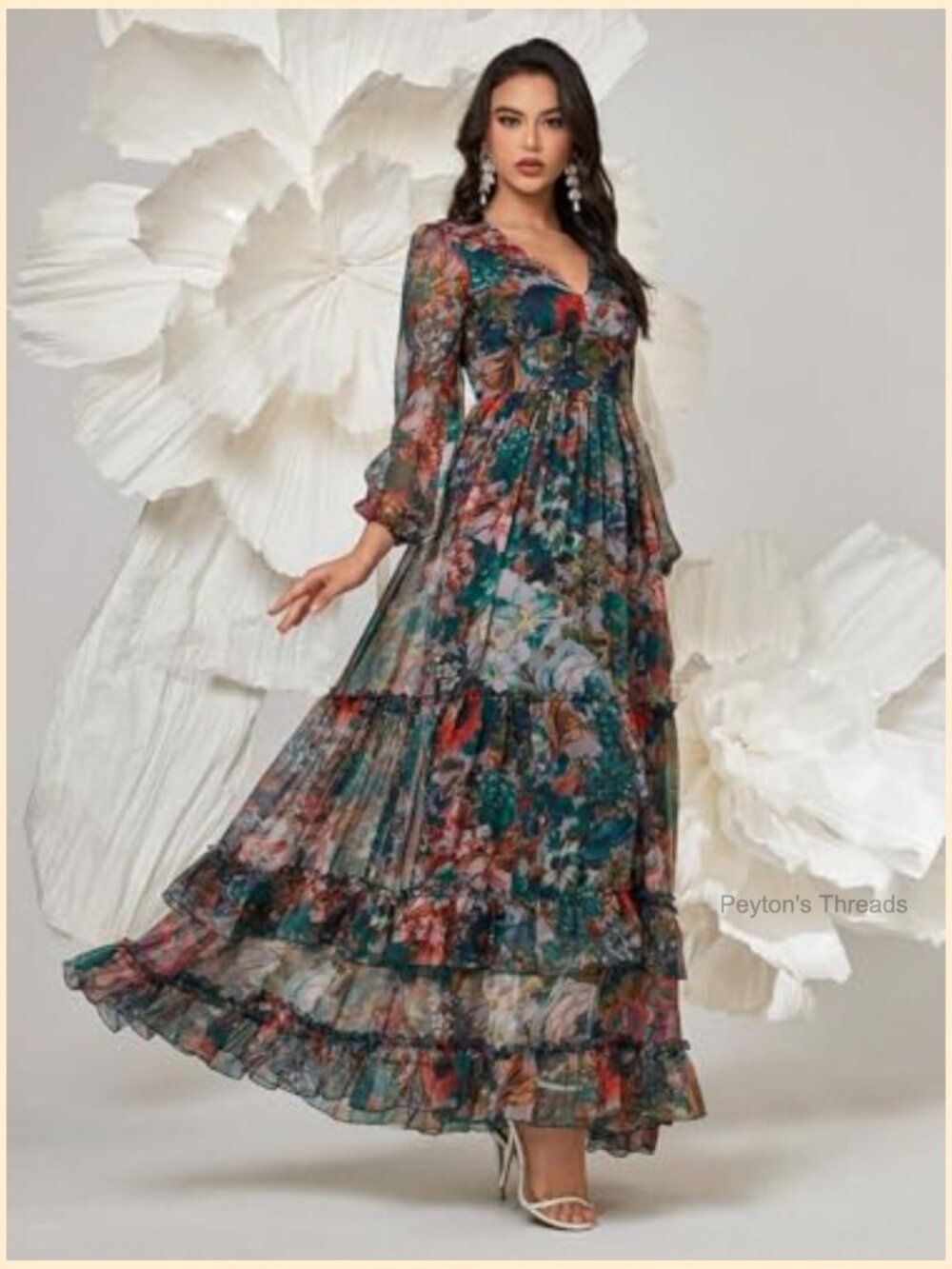 Boho V Neck Long Sleeve Ruffle Floral Print Maxi Dress Swing Tiered Hem - Picture 4 of 6